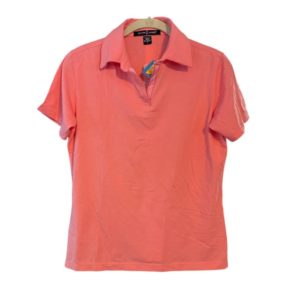 NWT Devon Jones LADIES POLO SHIRT TOP Peachy Coral UBS BANK LOGO ON SLEEVE sz S